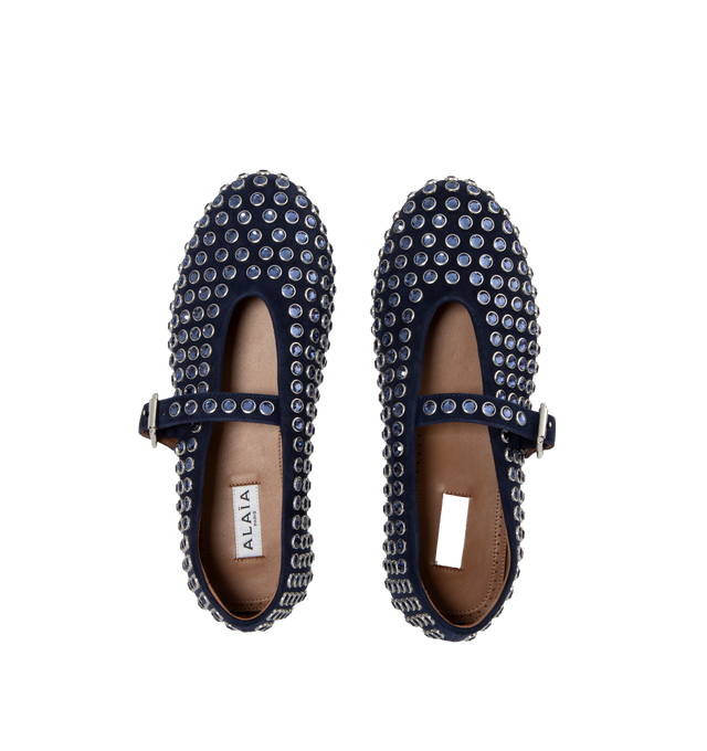 Image 4 of 4 - BLUE - Alaia Suede Ballet Flats are inspried by classic Japanese shoes. They have rubber soles, a strap and buckle closure, and embedded crystals. Lambskin, acrylic, rubber, and goat leather materials. Made in Italy.   