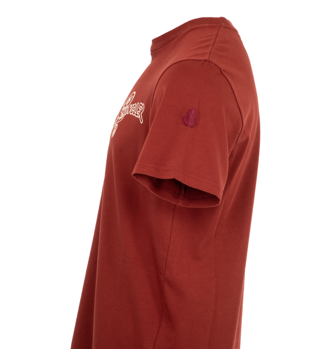 Image 3 of 3 - RED - MONCLER Logo T-Shirt featuring combed cotton jersey, short sleeves, ribbed crew neck and printed logo motif. 100% cotton. 