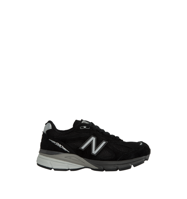 Image 1 of 5 - BLACK -  NEW BALANCE 990v4 Sneakers featuring low-top, paneled pigskin suede and mesh, lace-up closure, logo patch at padded tongue, padded collar, logo patch at heel counter, logo appliqu at sides, reflective text at outer side, mesh lining, textured ENCAP foam rubber midsole and treaded rubber sole. Made in United States. 