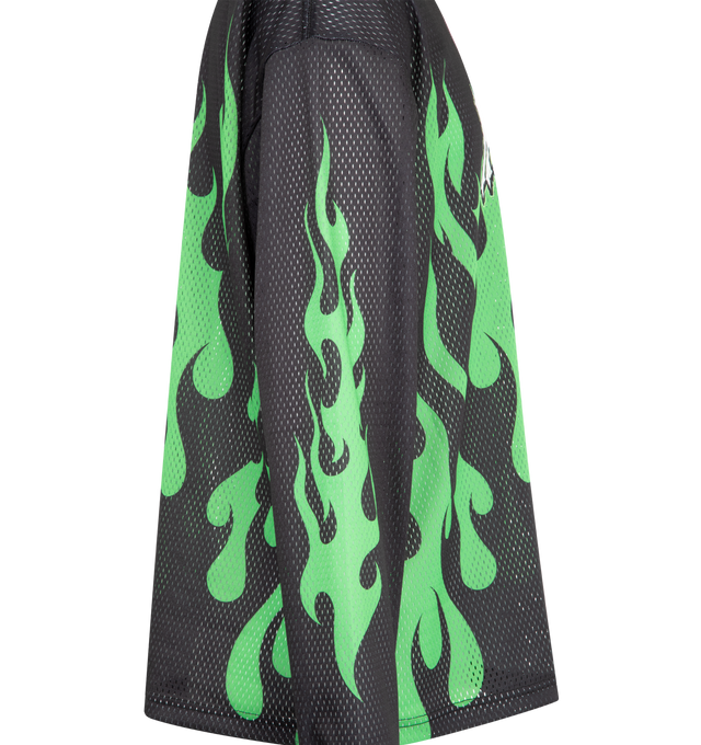Image 3 of 3 - BLACK - MARKET Toxic Flames Mesh Top featuring soft, breathable mesh, flame graphic up the front and sleeves, relaxed fit, crewneck and long sleeves. 100% polyester. 