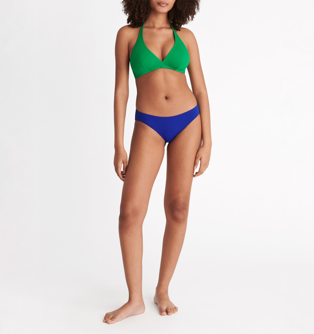 Image 3 of 6 - GREEN - ERES Gang Triangle Bikini Top featuring full-cup triangle bikini top, halter tie spaghetti straps, bust darts, side stays and thin back. 84% Polyamid, 16% Spandex. Made in France.  
