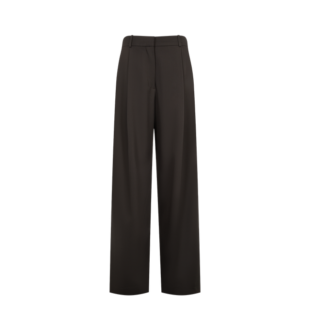 Image 1 of 3 - BROWN - The Row Women's Lowe Pant is crafted from structured virgin wool and features a tailored silhouette that sits at the hip with a straight, wide-leg cut. Designed with a single front pleat, side besom pockets, and a single back besom pocket, this refined trouser embodies The Row's signature approach to understated luxury and precise tailoring. Main Material: 100% Virgin Wool. Made in Italy. 