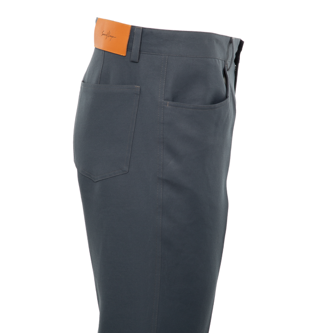 Image 3 of 4 - GREY - SECOND LAYER El Valluco Cuero Pants featuring belt loops, four-pocket styling, zip-fly, creased legs and leather logo patch at back waistband. 68% cotton, 32% polyamide. Lining: 100% cotton. Made in Italy. 