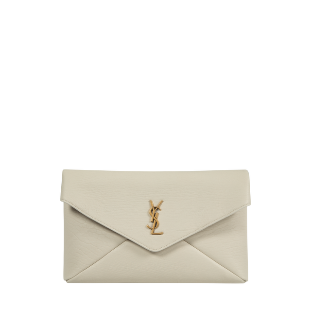 WHITE - SAINT LAURENT Large Envelope Pouch featuring front flap, origami construction, magnetic snap closure and one main compartment. 11.6 X 7.1 X 1.8 inches. 90% lambskin, 10% metal. 