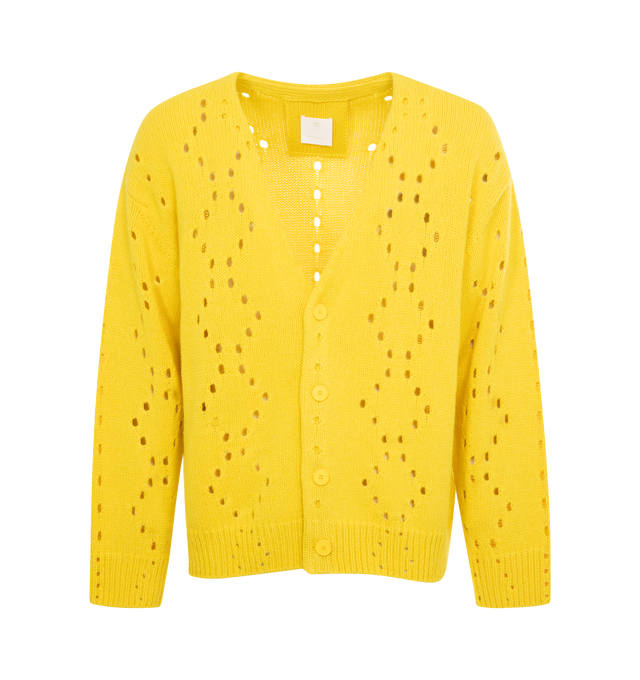 Image 1 of 2 - YELLOW - GIVENCHY Oversized Cardigan featuring long-sleeved cardigan in pointelle alpaca and reindeer wool, v neck, buttoned closure on the front, ribbed collar, hem and base and oversized fit. 50% alpaca wool, 50% reindeer wool. Made in Italy. 