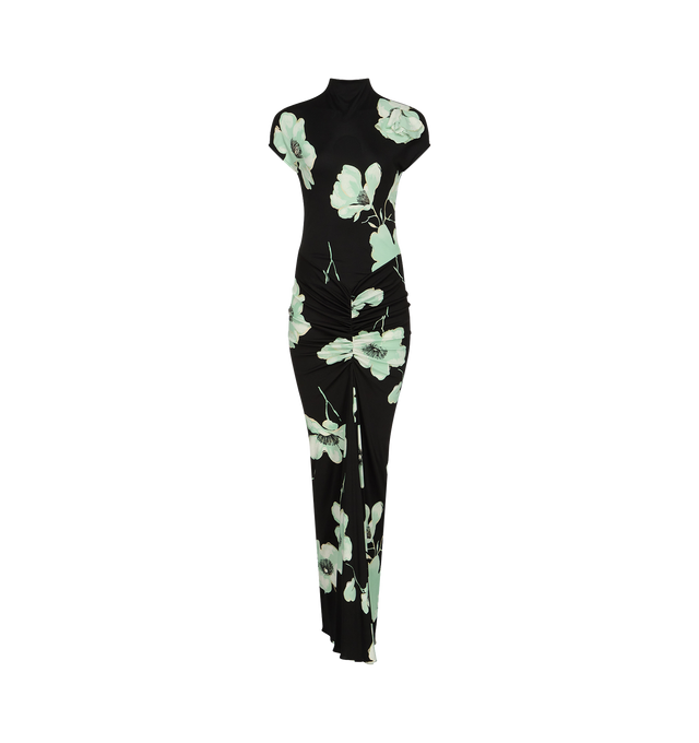 Image 1 of 1 - MULTI - Alaa Womens Printed Dress is crafted from printed viscose jersey. Features a bodycon fit, stand collar, cap sleeves, concealed back zip closure, gathered front, draped waist and hips, ruffle detail at the front hem, built-in bodysuit, and all-over Sakura print. Main Material: 100% Viscose. Made in Italy. 