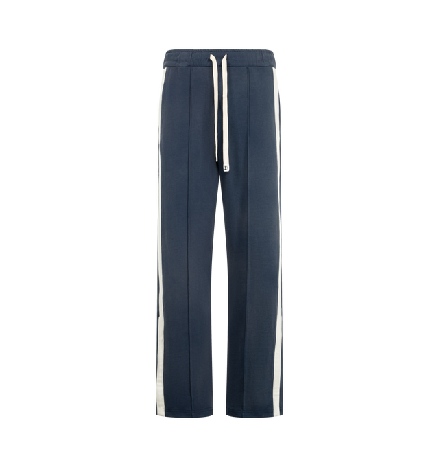 Image 1 of 4 - NAVY - Nahmias Men's Heavy Cotton Track Pant is crafted from cotton and features an elasticized waistband with signature Nahmias drawcords, contrast piping and track stripes along the sides, and zip openings at the hems. Designed and made in Los Angeles, this relaxed track pant combines a worn-in finish with sport-inspired detailing. Main Material: 100% Cotton.  