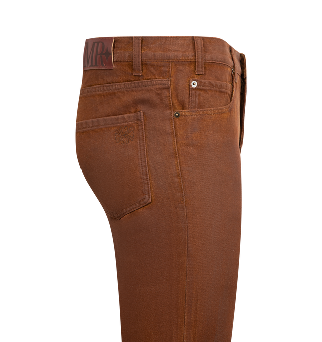 Image 3 of 3 - BROWN - MIDNIGHT RODEO Coated 5-Pocket Denim featuring vintage-inspired denim with a Western edge, a waxed finish, leather back tab and a modern bootcut fit. 100% cotton. 
