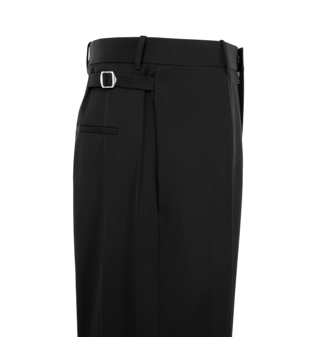 Image 3 of 3 - BLACK - Bottega Veneta Men's Wool Grain De Poudre Pants are crafted from lightweight wool grain de poudre and feature a straight-leg silhouette with a clean tailored finish. Designed with adjustable side buckles, a back slit, and a zip-and-hook closure that enhances both comfort and versatility. Main Material: 100% Wool. Made in Italy. 