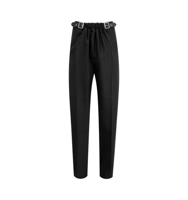Image 1 of 3 - BLACK - Loewe Women's Trousers in medium-weight wool and silk tailoring featuring a gathered front with a leather belt detail. Regular fit, regular length, mid waist, straight leg, side zip fastening, seam pockets, buttoned rear jet pocket, pressed creases at the front, LOEWE embossed leather patch placed at the back. Wool/Silk. Made in Italy. 