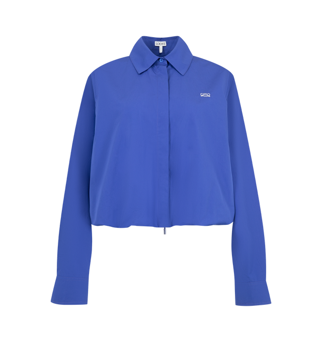 Image 1 of 2 - BLUE - Loewe Women's Shirt in cotton is crafted from lightweight cotton and features a drawstring waist for a cinched silhouette. Designed with a regular fit and regular length, it is finished with a concealed button-front fastening, a gathered hem with a concealed drawstring, and Double L embroidery at the chest. Main Material: Cotton. Made in Portugal. 