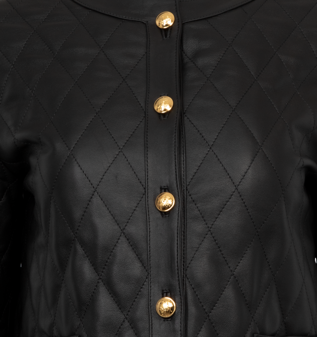 Image 3 of 3 - BLACK - NILI LOTAN Amy Quilted Leather Jacket featuring quilted short jacket in calf leather, round collar, snap button closure, long sleeves, front welt pockets, hip length and relaxed fit. Leather. Made in USA. 