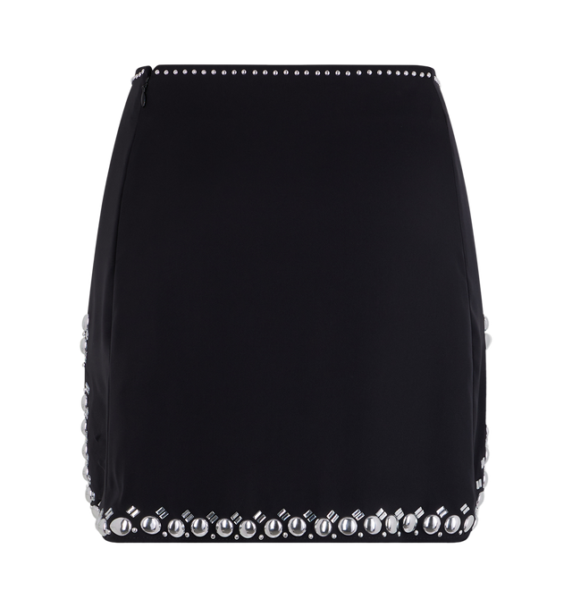 Image 2 of 2 - BLACK - Paco Rabanne Satin Mini Skirt has silver embroidery details. 100% polyester. Made in Tunisia.  