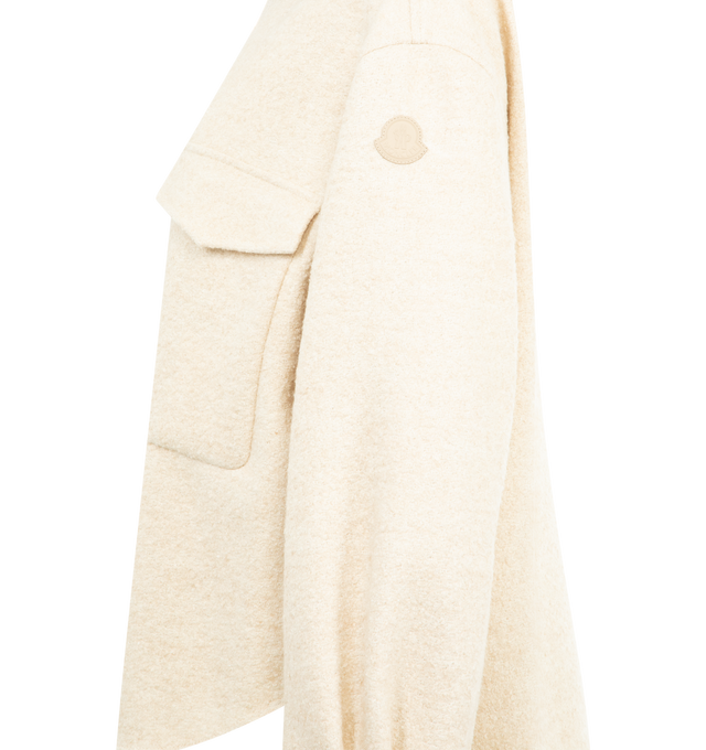 Image 3 of 3 - WHITE - MONCLER Boucl Wool Blend Zip-Up Shirt featuring wool blend boucl, longue saison lining, zipper closure, knit collar, chest pockets, adjustable cuffs and leather logo patch. 62% wool, 28% viscose/rayon, 10% polyamide/nylon. Made in Bulgaria. 