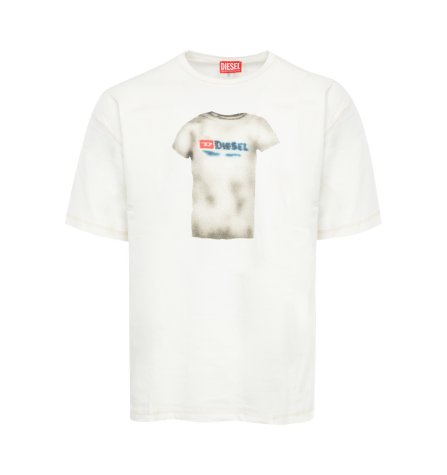 Image 1 of 2 - WHITE - DIESEL T-Boxt-N12 T-Shirt featuring exposed-seam detailing, ribbed crew neck, drop shoulder, short sleeves, logo and graphic print to the front and straight hem. 100% cotton. 