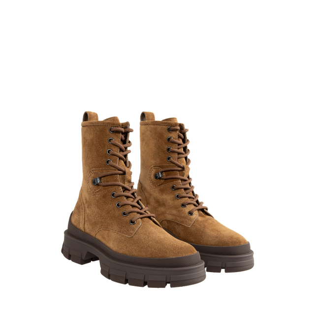 Image 2 of 4 - BROWN - MONCLER Hevea Suede Combat Boots featuring round toe, lace-up vamp and pull tab at back collar. 80 mm block heel. Suede upper, leather lining. Rubber outsole. Made in Italy. 