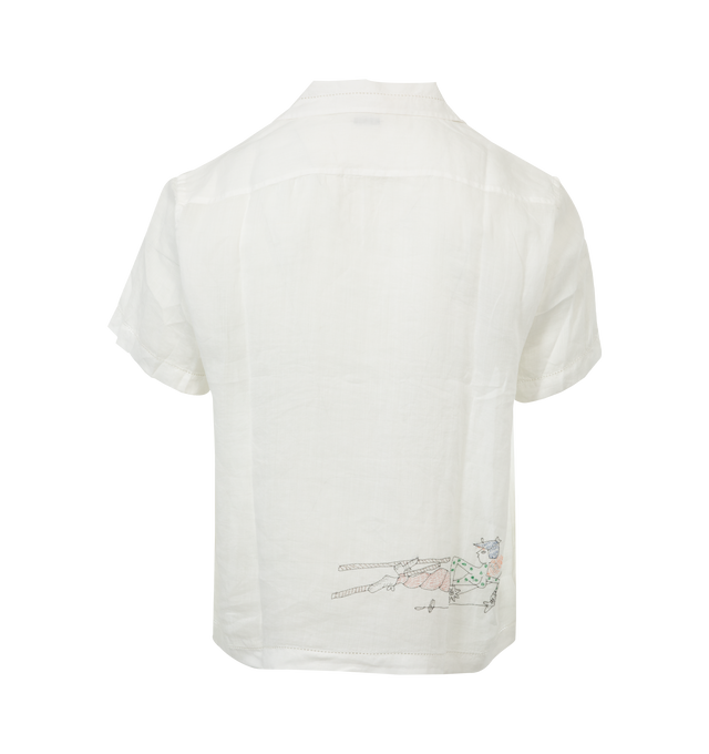 Image 2 of 4 - WHITE - BODE Skiers Short Sleeve Shirt featuring short sleeves, notched collar, motifs in delicate, single-thread embroidery, lightweight linen and has picot detaling along the hem. 100% linen. Made in India. 