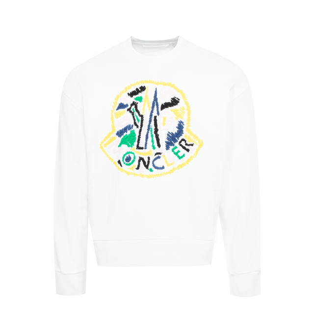 Image 1 of 1 - WHITE - MONCLER Logo Sweatshirt featuring multicolor logo stitiching at front, crew neckline, dropped shoulders, long sleeves, banded cuffs and hem, relaxed fit and pullover style. 100% cotton. 