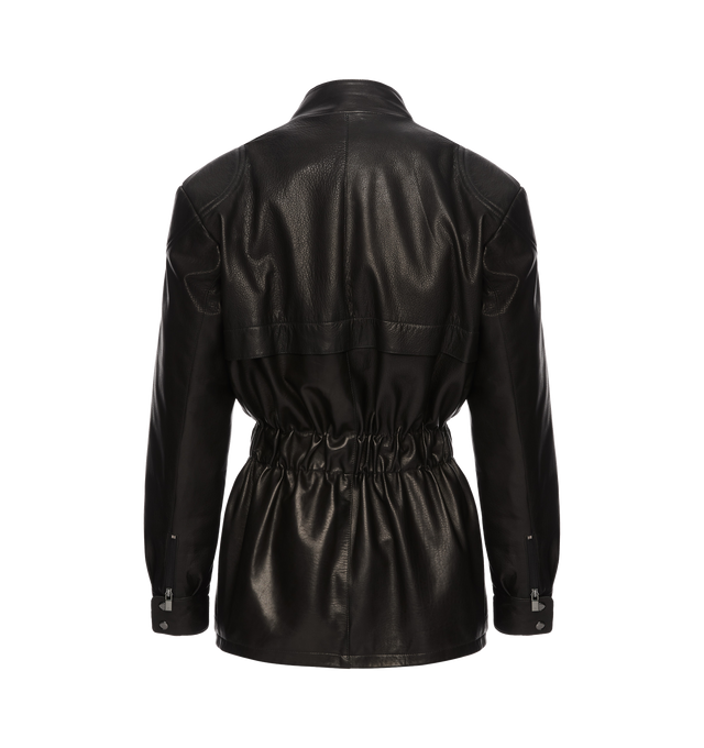 Image 2 of 2 - BLACK - MAGDA BUTRYM Belted Utility Jacket featuring a structured utility-inspired silhouette with feminine definition, a high snap-button collar, concealed front zipper, contrast snap closures, gathered waist with an additional belt detail cinches the shape, flap pockets at the chest and vertical welt pockets at the hips. 100% sheep leather. 