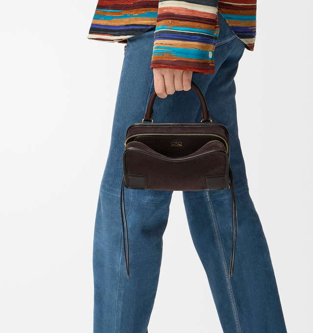 Image 3 of 13 - BROWN - LOEWE Mini Amazona 180 Bag in suede featuring a relaxed silhouette anchored by a single toron top handle, designed to be carried open, while a concealed closure secures the main compartment, removable shoulder and crossbody straps, two carry options: short handle, removable and adjustable crossbody strap, zip closure with two leather zip pullers, two compartments, main compartment closed with magnetic closure, left side d-ring for customization, suede and nappa lambskin lining, embos 