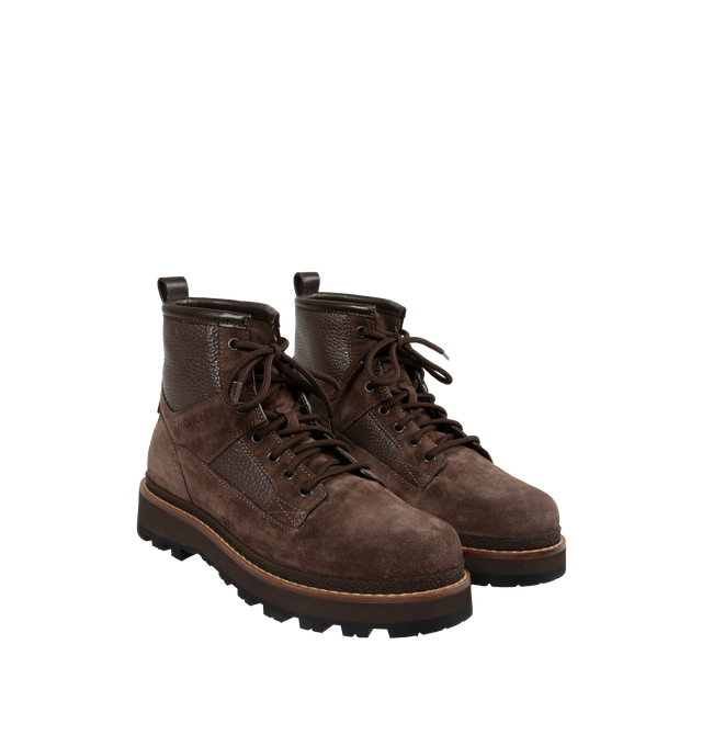 Image 2 of 4 - BROWN - MONCLER Peka Camp Suede & Leather Lace-Up Boots featuring suede and leather upper, leather lining insole, lace-up closure, leather welt, micro rubber midsole and vibram rubber tread. Calf length 14 cm. Sole height 4.5 cm. Leather. Sole: 100% elastodiene. 