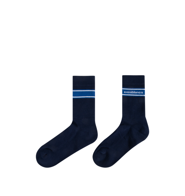 Image 2 of 2 - NAVY - CASABLANCA Sporty Stripe Socks featuring stripe detailing, rib legs and a contrast Casablanca logo around the cuffs. 87% recycled cotton 12% polyamide 1% elastane. Made in Portugal. 