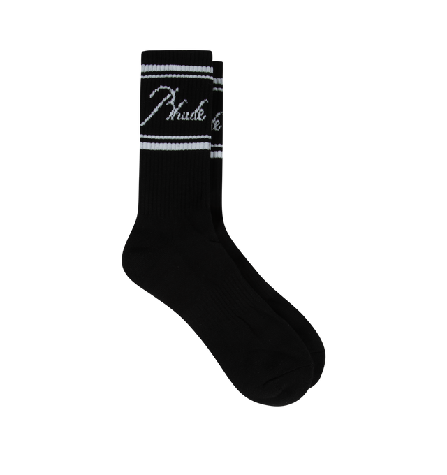 Image 1 of 2 - BLACK - RHUDE Script Logo Socks featuring stretch cotton-blend, jacquard logo graphic and rib knit cuffs. 80% cotton, 12% polyester, 8% spandex. Made in China.  