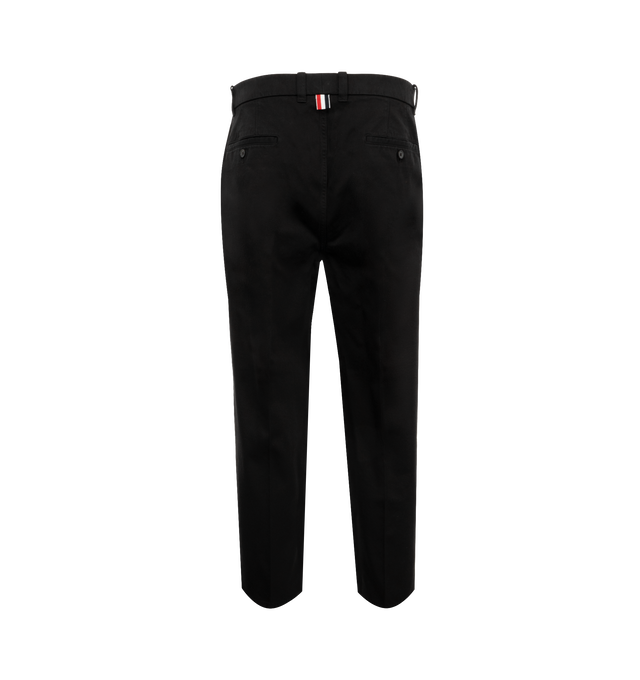 Image 2 of 3 - BLACK - Thom Browne Men's  trouser with a shortened hem crafted from breathable cotton fabric. Featuring tab front closure, button-fastening back welt pockets and signature striped grosgrain loop tab. 100% Cotton. Made in Italy. 