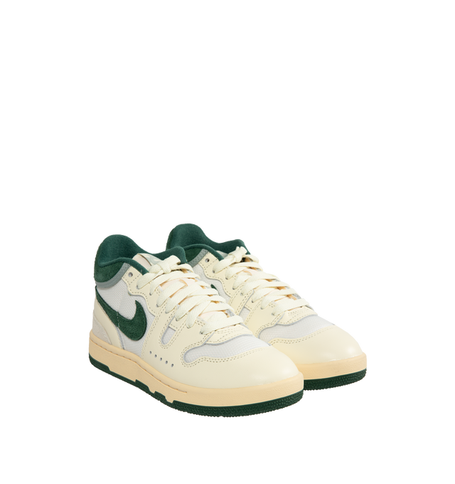 Image 2 of 5 - MULTI - Nike Attack iconic '80s style tennis sneaker with crisp leather, durable textile, padded collar and checkered tongue label. "Coconut Milk and Pale Vanilla" with "Fir" green swoosh and collar details. 