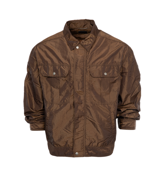 Image 1 of 4 - BROWN - SAINT LAURENT 80's Army Jacket featuring concealed front zip closure, two box pleated patch pocketswith flaps, two welt pockets, pointed collar, snap button cuffs and adjustable snap button tabs at side hem. 70% polyamide, 30% polyester.