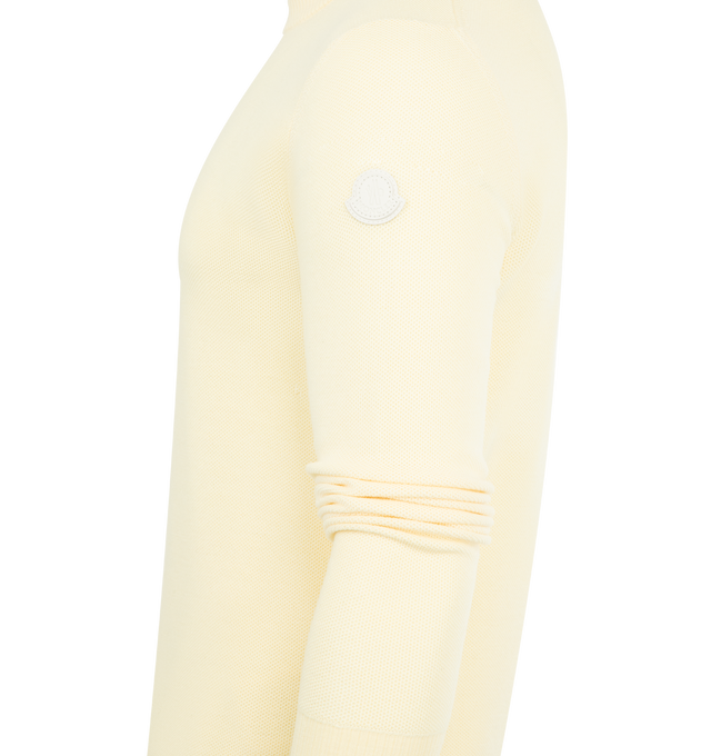 Image 3 of 3 - NEUTRAL - MONCLER Leather Logo Wool Sweater featuring micro-stitch, Gauge 14, crew neck and leather logo patch. 100% virgin wool. 