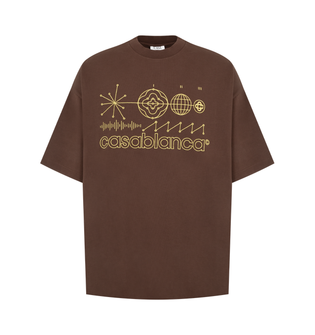 Image 1 of 2 - BROWN - Casablanca Men's Code de Civilisation Oversized T-Shirt is crafted from premium organic cotton and features an oversized silhouette with a classic crew neckline and seasonal Code de Civilisation graphic artwork inspired by Casablanca's signature blend of art, travel, and cultural storytelling. This designer graphic T-shirt combines exceptional everyday comfort with the brand's refined luxury sportswear aesthetic, creating a bold statement piece for contemporary styling. Main Material: 