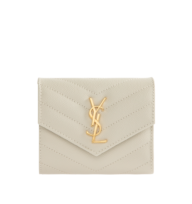 Image 1 of 3 - WHITE - SAINT LAURENT Multi Folded Wallet featuring logo on front, quilted overstitching, gold-toned metal hardware, snap button closure, five card slots, one coin pocket, one bill compartment, one receipt compartment and leather lining. 3.9 x 3.5 x 1.2 inches. Calfskin. Made in Italy. 
