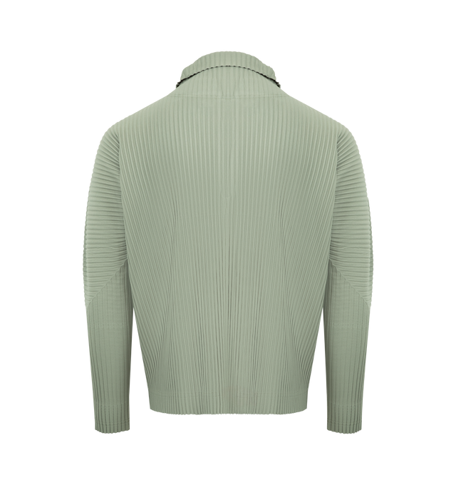 Image 2 of 2 - GREEN - ISSEY MIYAKE Half-Zippered Polo featring double-layered sleeves, high neck, half zip front opening and pleats throughout. 100% polyester. Made in the Philippines.  