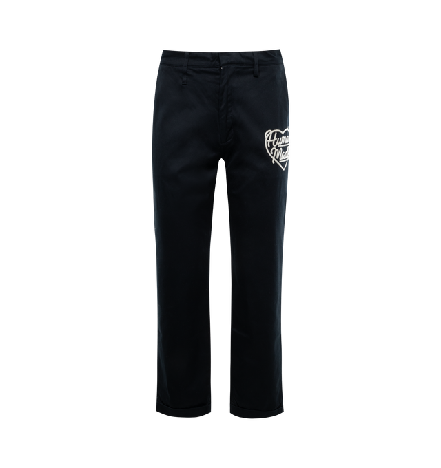 Image 1 of 3 - NAVY - HUMAN MADE Chino Pants featuring wide fit, zip fly, original logo tack buttons, straight leg with front pleat, tonal embroidered logo on the thigh, two hand pockets, four welt pockets on the back and turn-up hems. 100% cotton. 