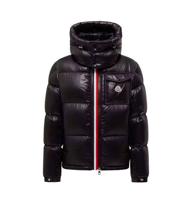 Image 1 of 1 - BLACK - Moncler Men's Montbeliard Hooded Short Down Jacket is crafted from glossy nylon laqu and features a regular-fit silhouette with fitted shoulders and chest, a boxy waistline, and down-filled insulation. An iconic Moncler style, this versatile puffer is designed with a detachable and adjustable drawstring hood, a front zip closure, zipped pockets, a snap-button chest pocket, and a sleeve pocket inspired by the signature Moncler Maya. Finished with adjustable cuffs and a drawstring hem f 