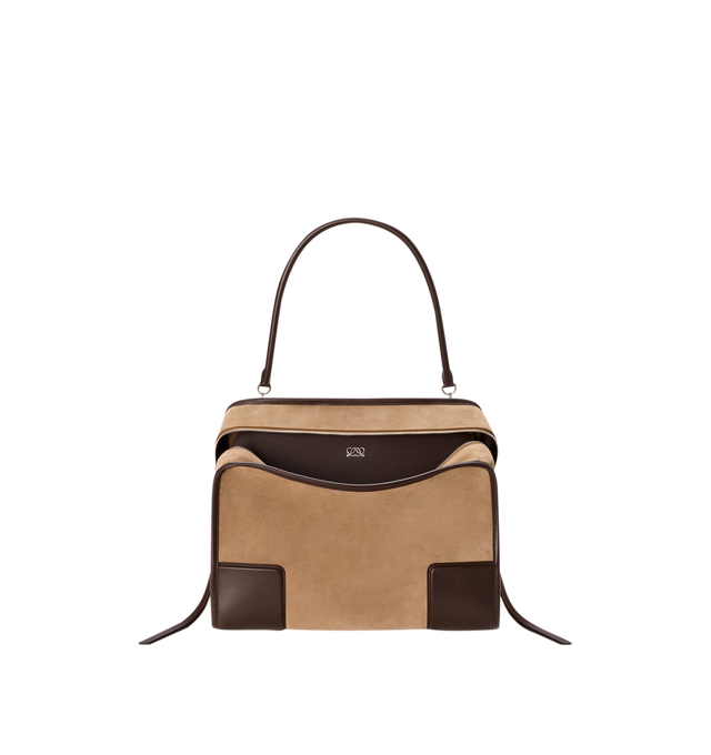 Image 8 of 16 - BROWN - Loewe Mens Amazona 180 XL Bag is crafted from suede with soft calfskin details. Features a relaxed silhouette, single toron top handle, removable shoulder handle, adjustable crossbody strap, zip closure with two leather pullers, two compartments with concealed magnetic closure, interior flat pocket, side D-ring, suede and nappa lambskin lining, palladium-tone hardware, and embossed LOEWE and Double L branding. Dimensions: 40  31  16 cm; Strap Length: 105133 cm; Strap Drop: 4761 cm; H 