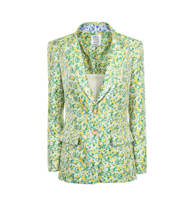 Image 1 of 2 - GREEN - ROSIE ASSOULIN Combo Classic Blazer featuring classic single-breasted blazer, print throughout, two front buttons, front flap pockets, and a tailored fit. 96% viscose, 4% elastane. 
