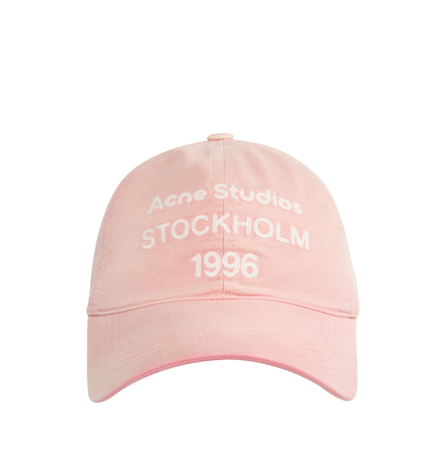 Image 1 of 2 - PINK - Acne Studios Mens Baseball Cap is crafted from peached cotton twill with a light wash. Features a six-panel construction, curved brim, embroidered Acne Studios 1996 logo, adjustable D-ring closure, and 59 cm circumference. Main Material: 100% Cotton; Lining: 100% Cotton. Made with organically grown cotton. Made in Portugal. 