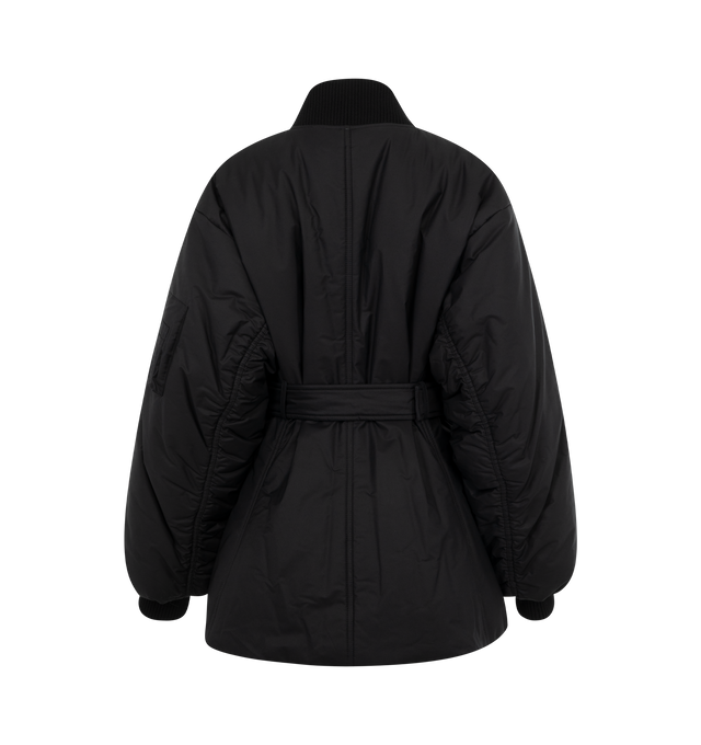 Image 2 of 3 - BLACK - Alaia Belted Bomber has a stand collar with a fit and flare silhouette, a removable belt, a 2-way zip front closure, front zipper pockets, double topstitching, and ribbed trims. Lined. Exterior 88% cotton, 12% polyamide. Made in Italy.  