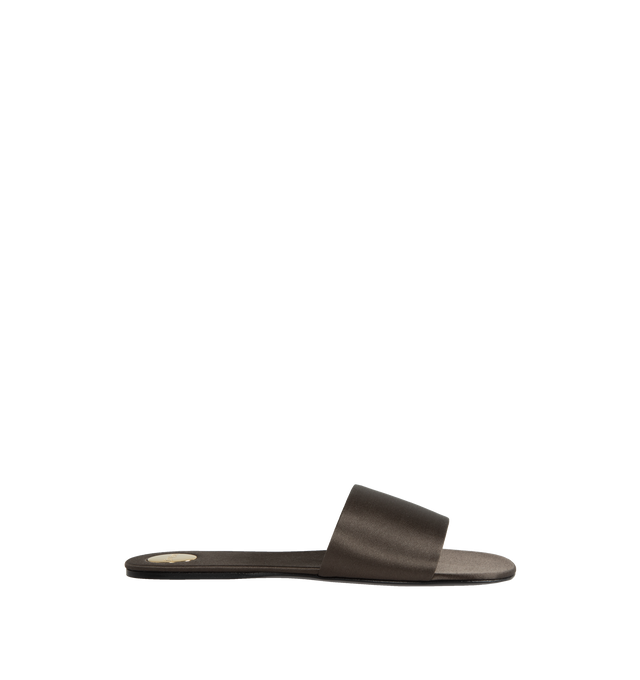 BROWN - SAINT LAURENT Carlyle Slide featuring round toe, thick arch band, engraved medallion on the insole and leather sole. 72% viscose, 28% silk. Made in Italy. 