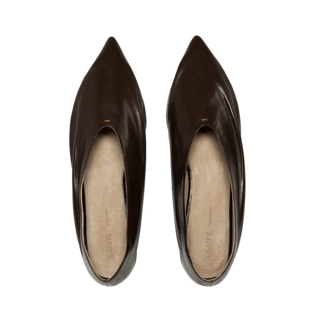 Image 4 of 4 - BROWN - Khaite Miriam ballerina flat inspired by the soft folds of fabric and crafted in Italy of glazed calfskin selected for its luminous shine. The deconstructed body is lined in cigar-hued suede, accentuating a natural fit that moves with the foot. Detailed with signature gold staple. Made in Italy. Glazed calf (100% calfskin). 