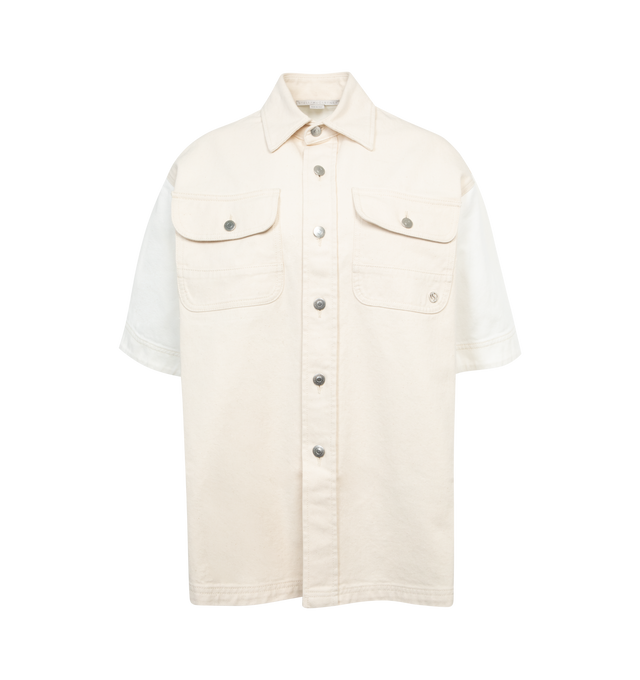 WHITE - STELLA MCCARTNEY Workwear Denim Shirt featuring gold S-Wave medallion at chest, point collar, pure white short sleeves, button-through fastening and two chest buttoned flap pockets. 100% organic cotton. Made in Italy.