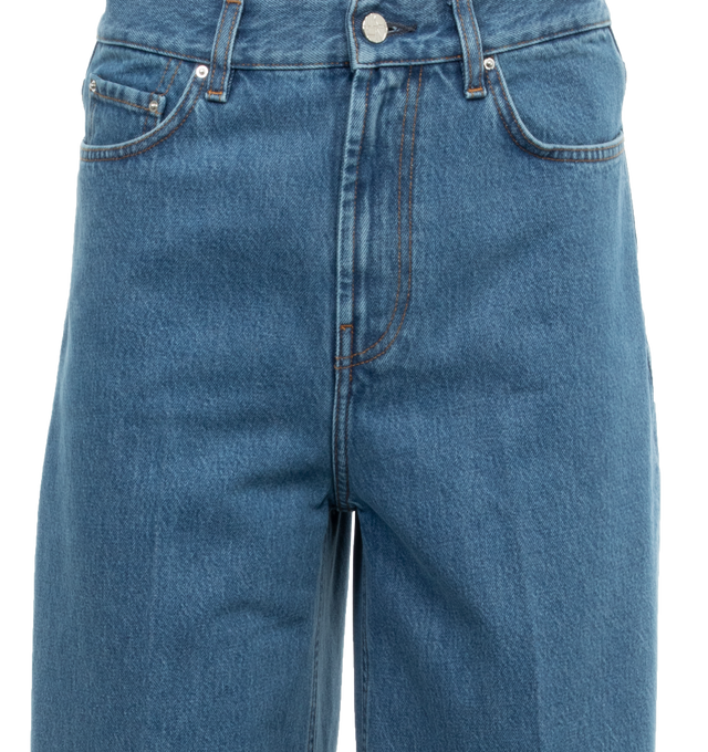 Image 3 of 3 - BLUE - TOTEME Wide Leg Denim featuring high waistline and long, wide legs that are press-creased, belt loops, five pockets and zipper fly. 100% cotton organic. 