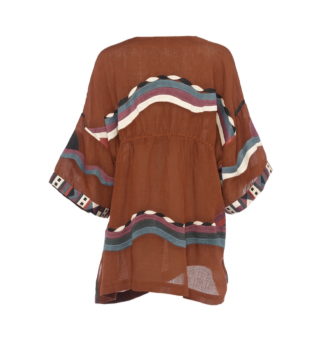 Image 2 of 5 - BROWN - ERES Solar Short Kaftan crafted from embroidered linen featuring a deep V-neckline, short sleeves, sewn-in link to tie at the waist and embroidered placed patterns. 100% linen. Made in India. 