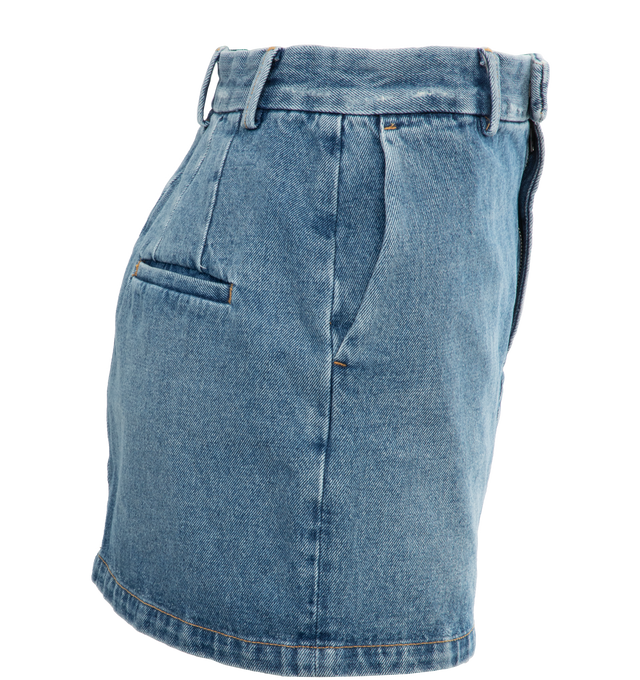 Image 2 of 3 - BLUE - ARMARIUM Lula Denim Mini Skirt featuring faded denim, mid waist, side slip pockets, back welt pockets, mini length, skirt falls straight from hip to hem, hook-tab, zip fly and belt loops. 100% cotton. Made in Italy 
