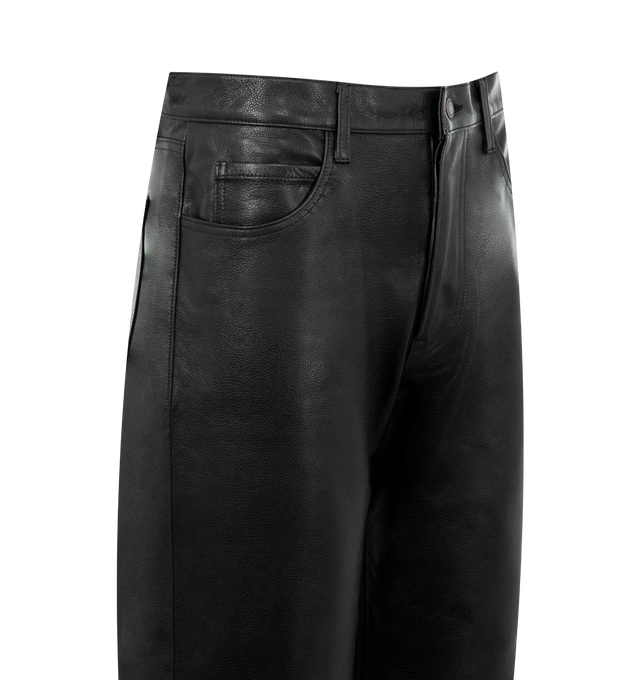 Image 3 of 4 - BLACK - Seekings 98 Fit Leather Pants are a 5-pocket style with a button fly, a high rise, button waist tabs, and brand-engraved hardware. Fully lined. 100% cowhide leather. Made in Japan.  