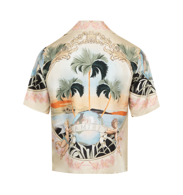 Image 2 of 2 - MULTI - AMIRI Cherub Silk Shirt featuring all over Cherub and Palm Tree print, camp collar, drop shoulder, short sleeves, straight hem and front button fastening. 100% silk.  
