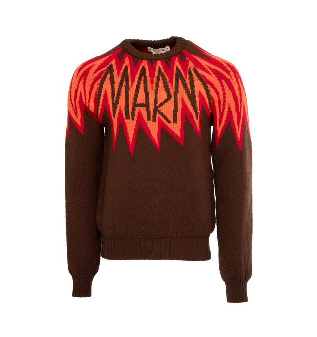 RED - MARNI Logo Wool Jacquard Sweater featuring crew neck, long sleeves, ribbed hem and cuffs and logo. 100% virgin wool. 