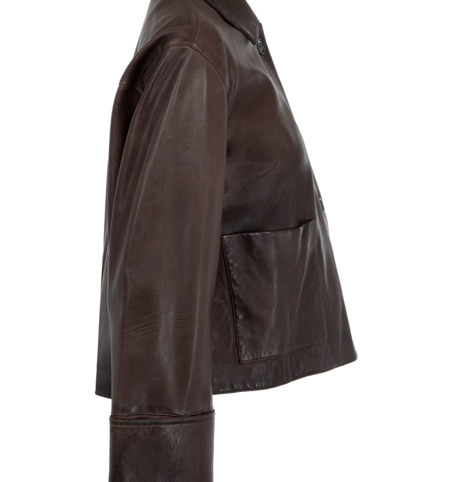 Image 3 of 3 - BROWN - Loewe Women's Turn-up jacket in lightweight vintage-effect nappa lambskin featuring turn-up cuffed sleeves, classic collar, button front fastening and patch pockets. Fully lined. Made in Italy. 